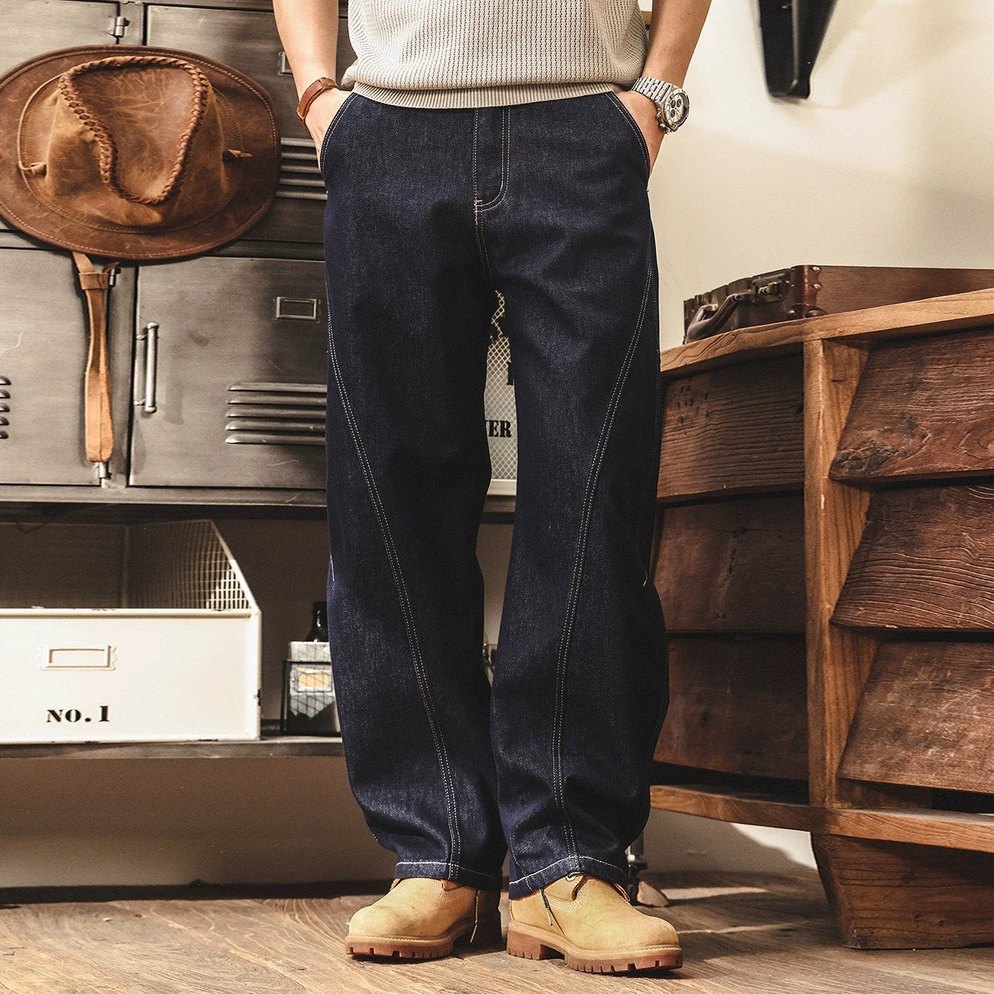 Oversized Baggy Korean Fit Washed Cotton Denim Pants - INDIGO alt