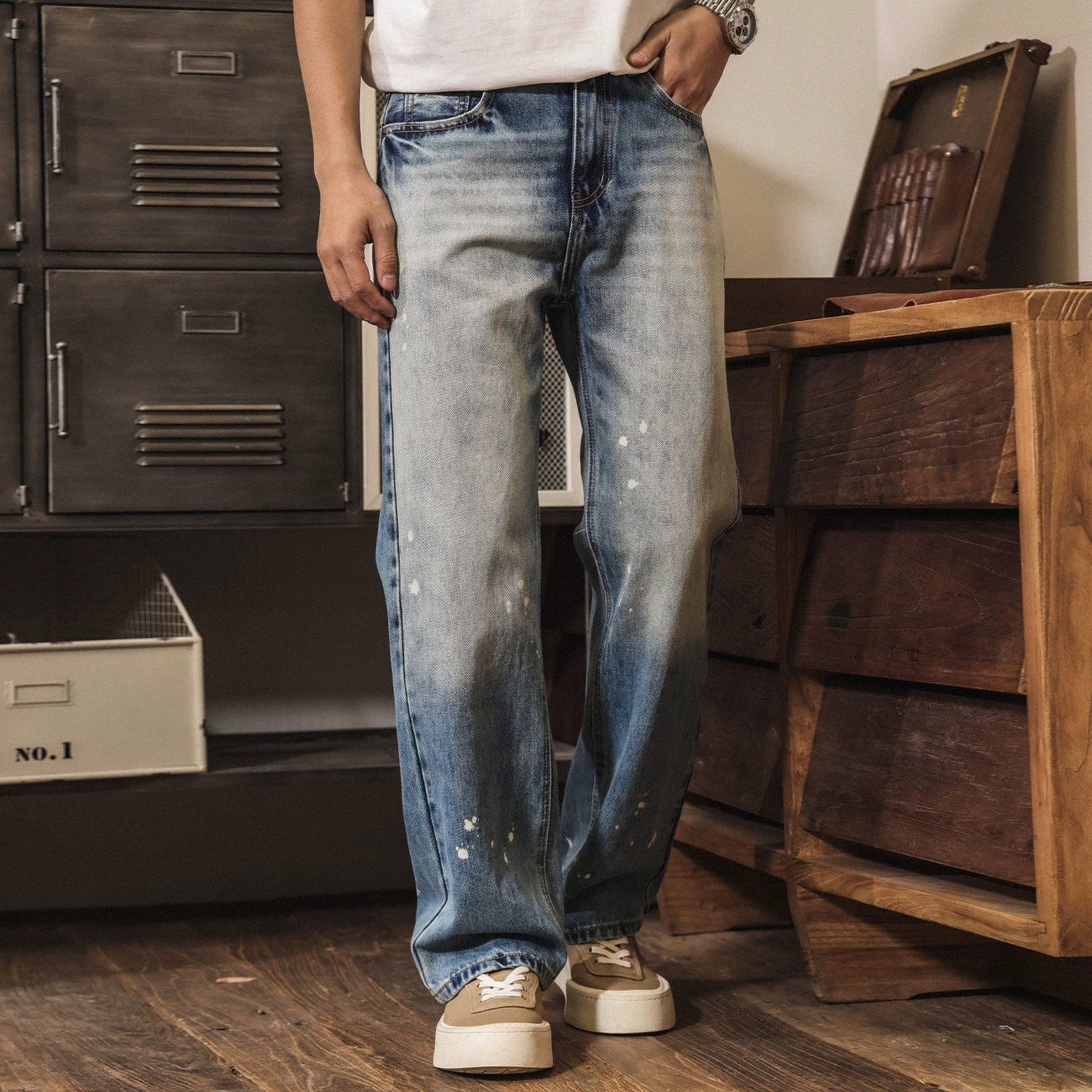Stone Splash Washed Jeans in Vintage Blue
