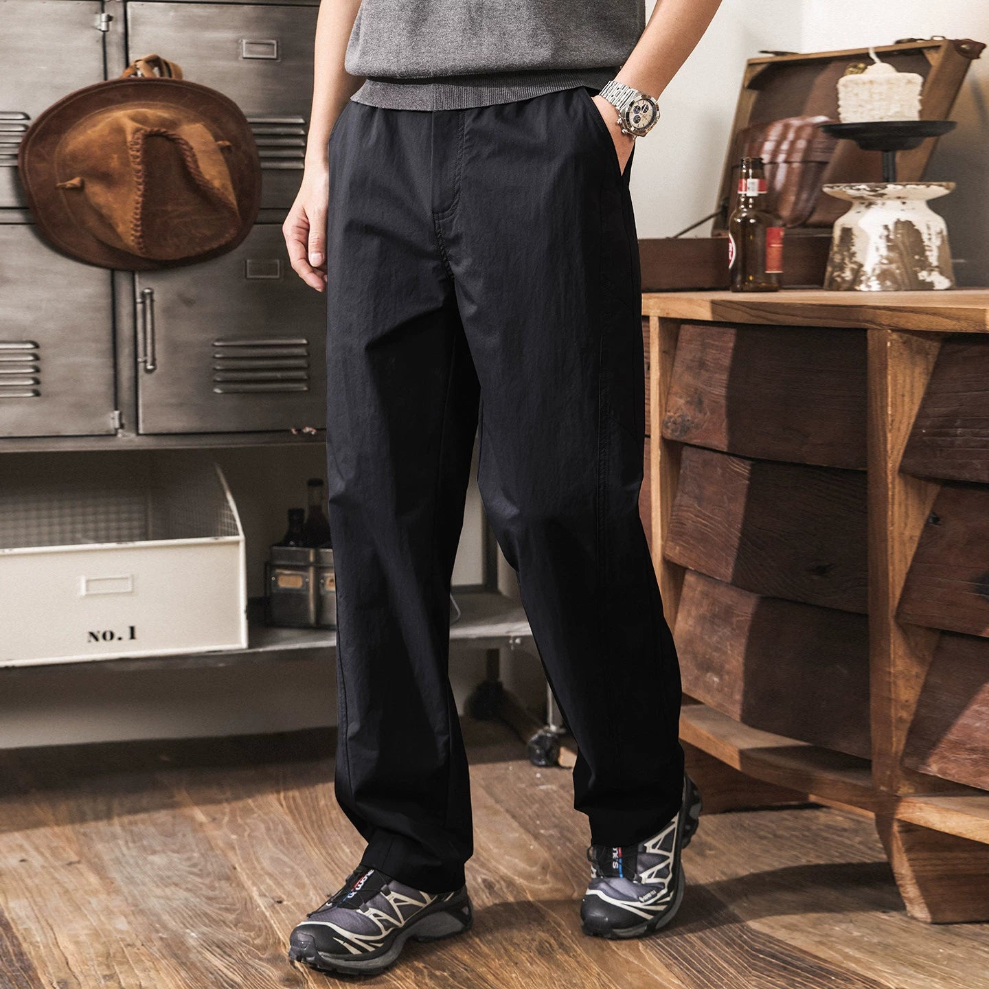 3D Curved Wide Leg Ramie Linen Korean Fit Trousers - BLACK