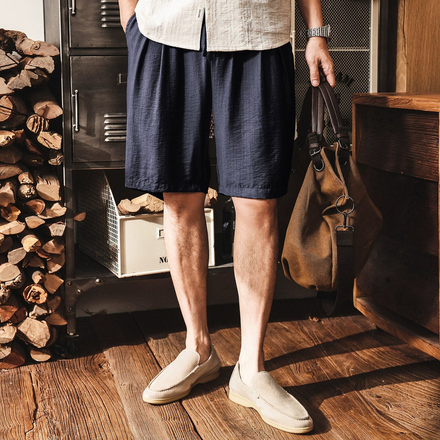 Men’s Linen Viscose Textured Shorts – Loose Fit Drawstring Summer Casual Shorts - NAVY