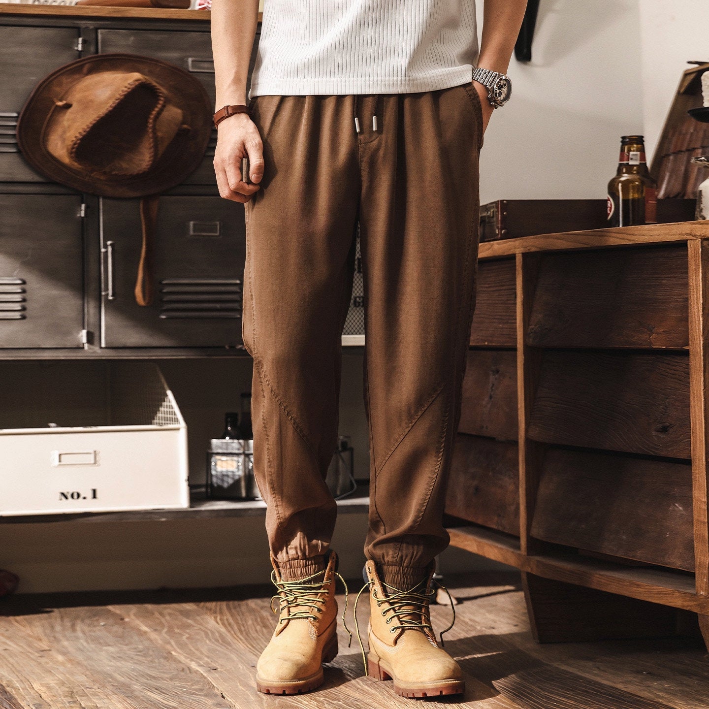 Lyocell Tencel Light Weight Washed Joggers in Camel