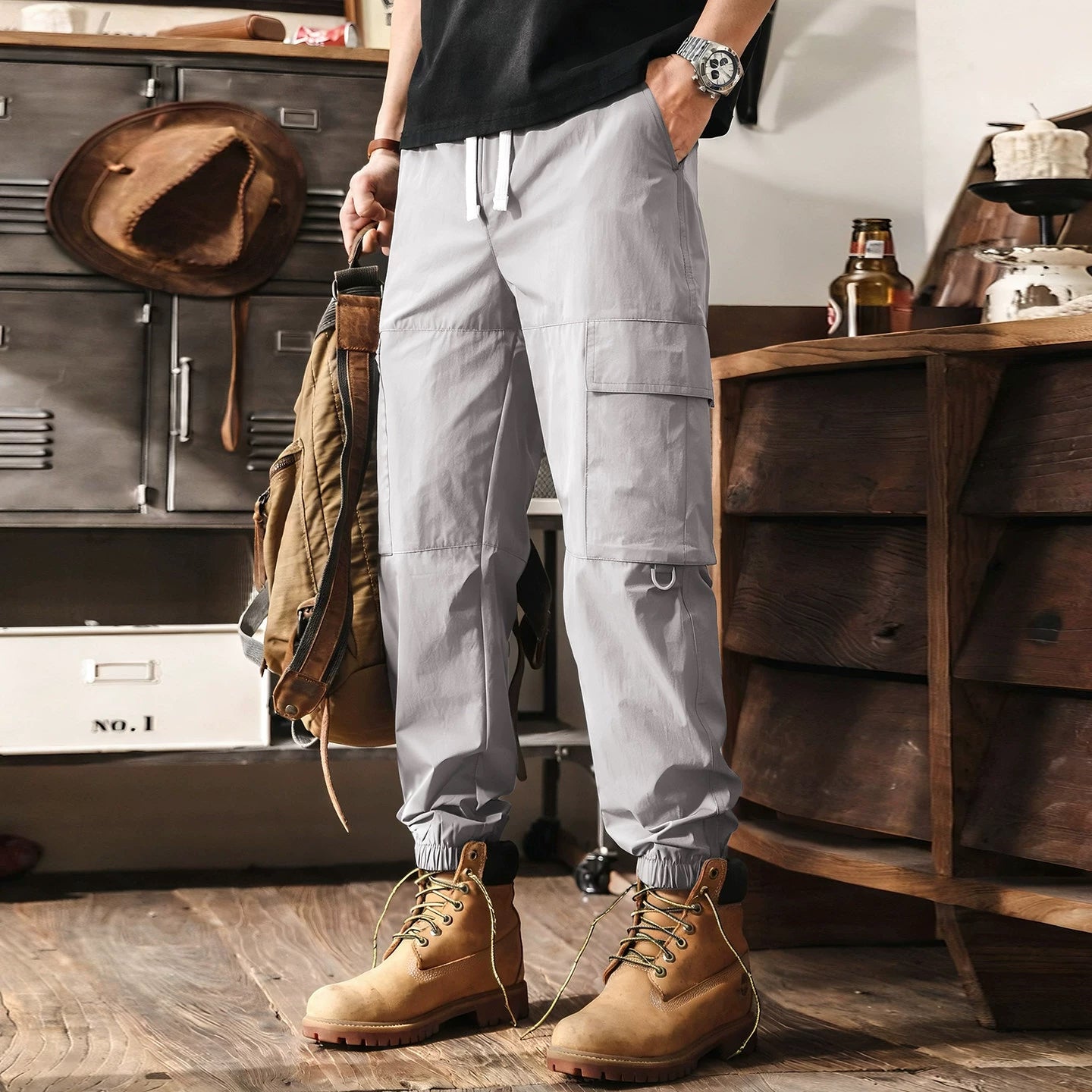 Men’s Quick-Drying Distressed Cotton Cargo Joggers - PARISGREY