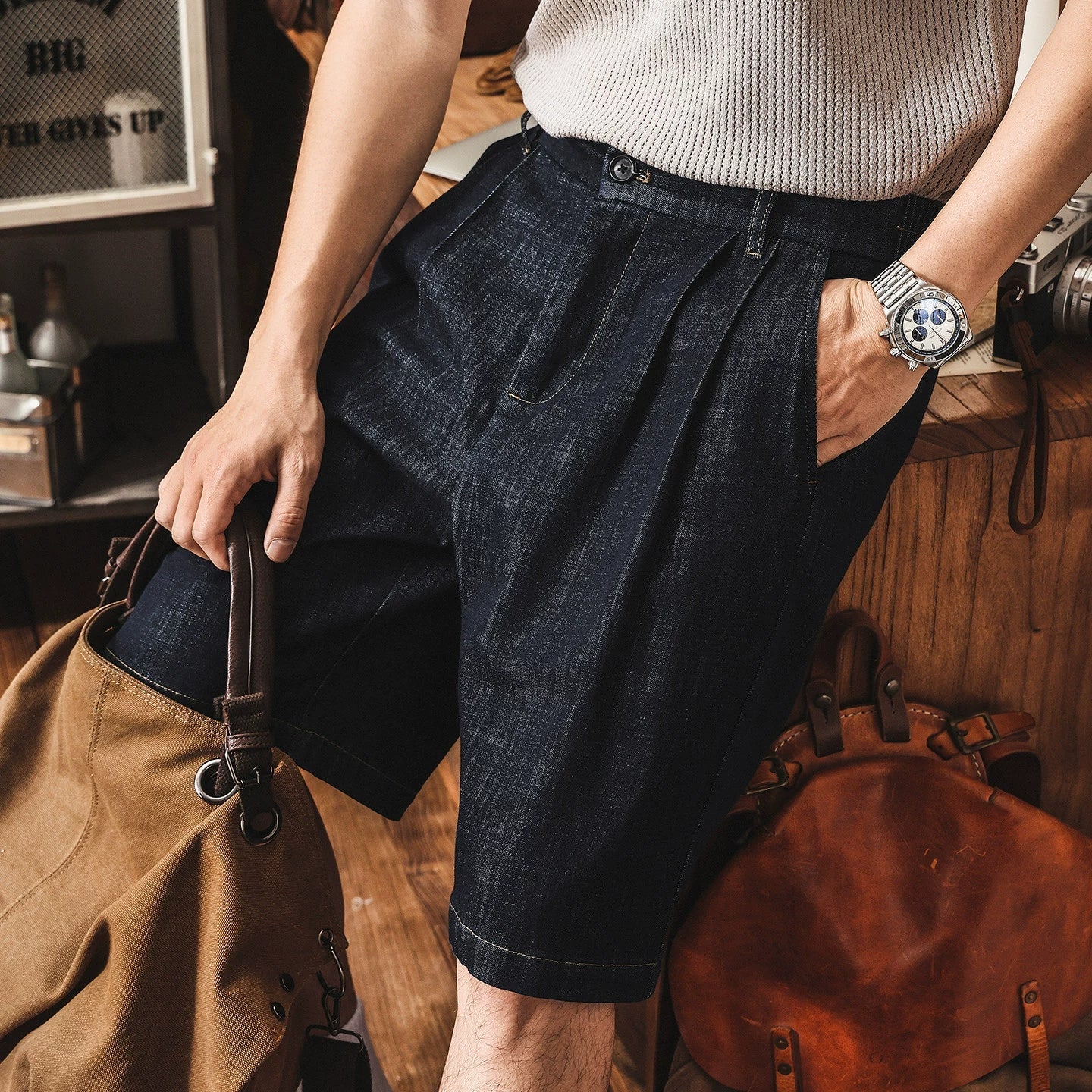 Tencel Denim Linen Pleated Casual Shorts - Jorts