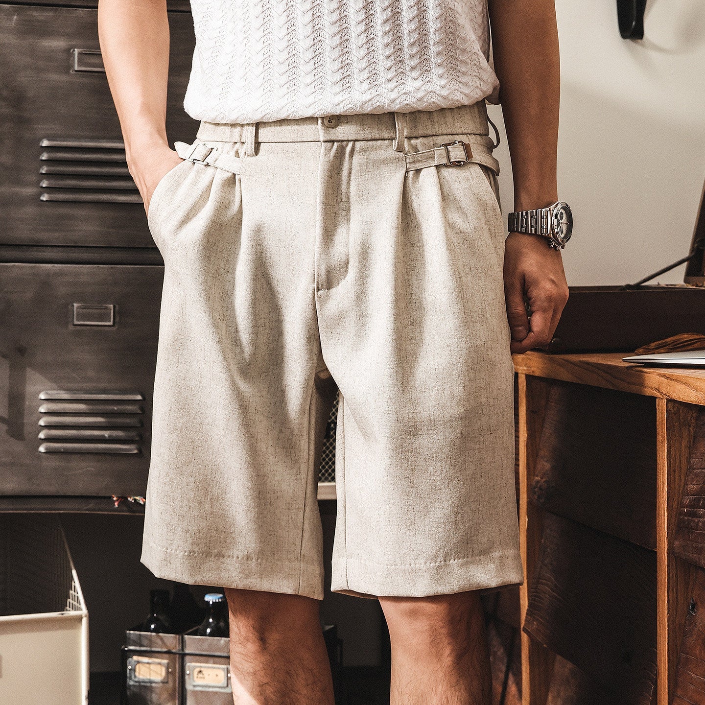 Classic Linen Straight-Leg Suit Casual Shorts with Elasticated Waist - BEIGE
