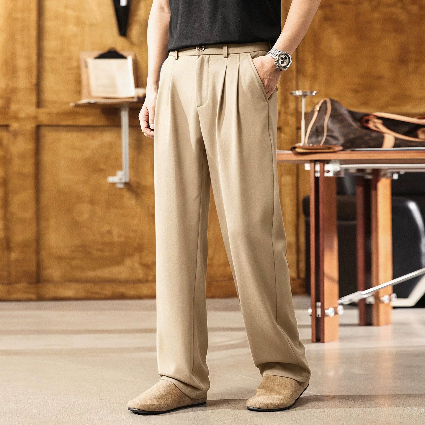 Korean Style Loose Tailored Drape Trousers - KHAKI