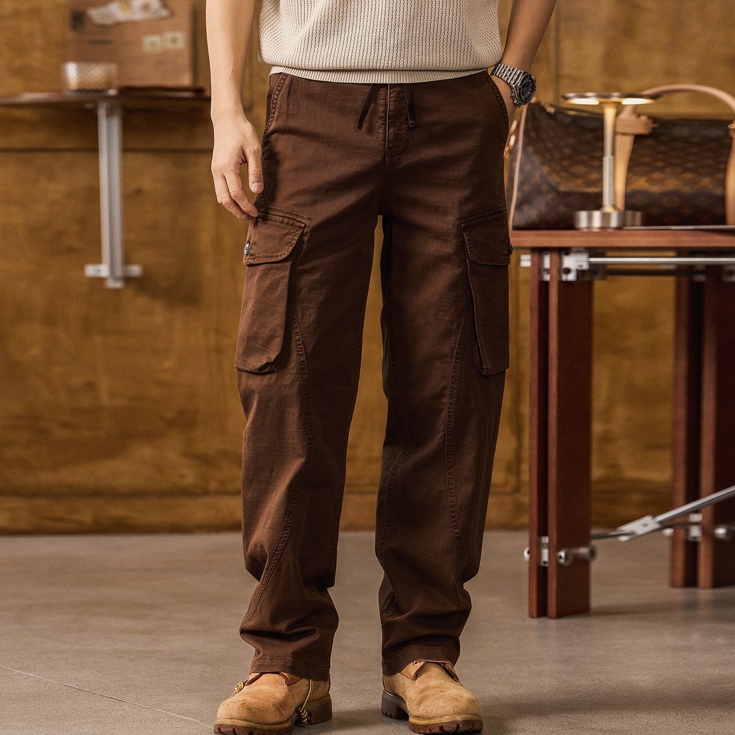 Straight Leg Cotton Wear Resistance Cargo Pants - COFFEE
