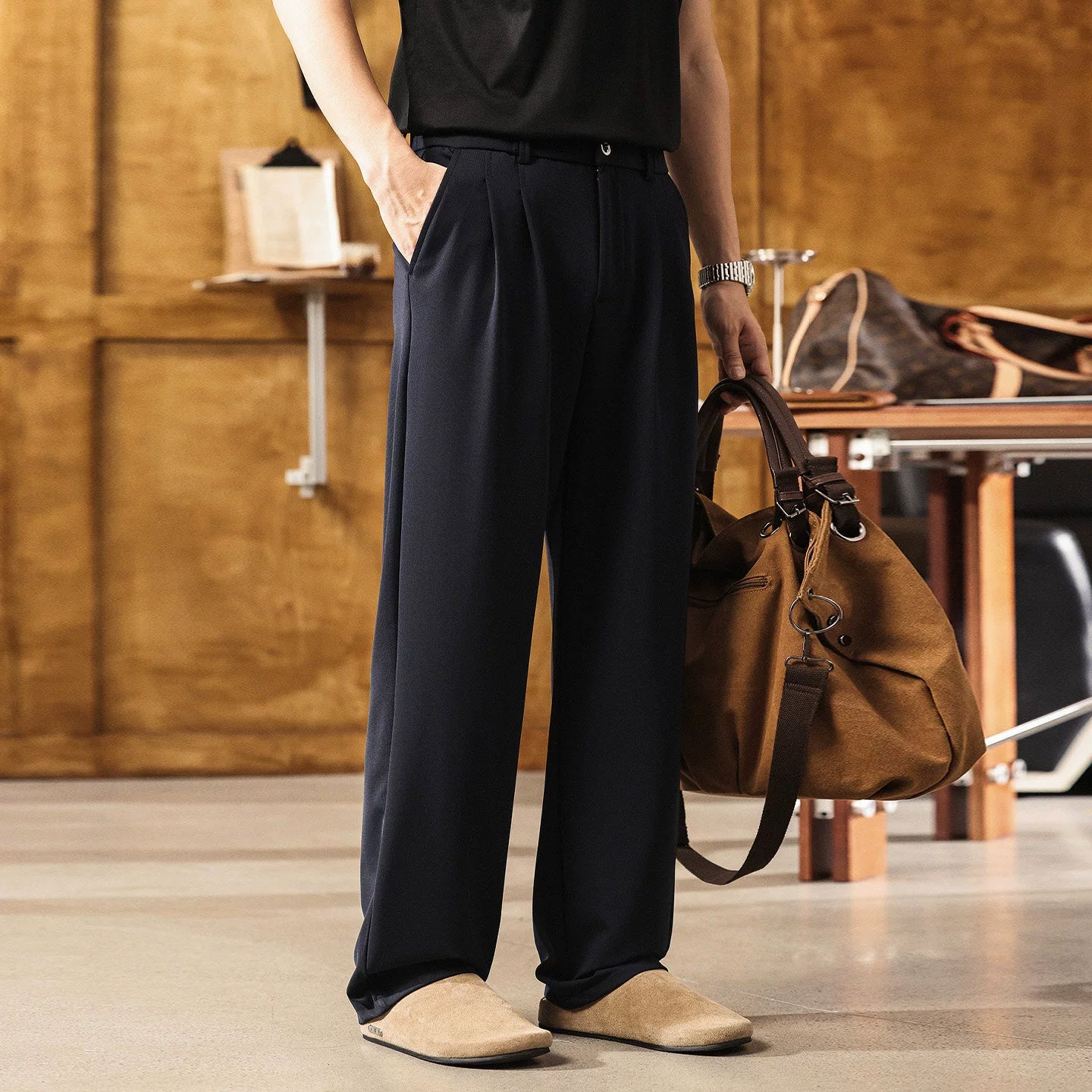 Korean Style Loose Tailored Drape Trousers - NAVYBLUE
